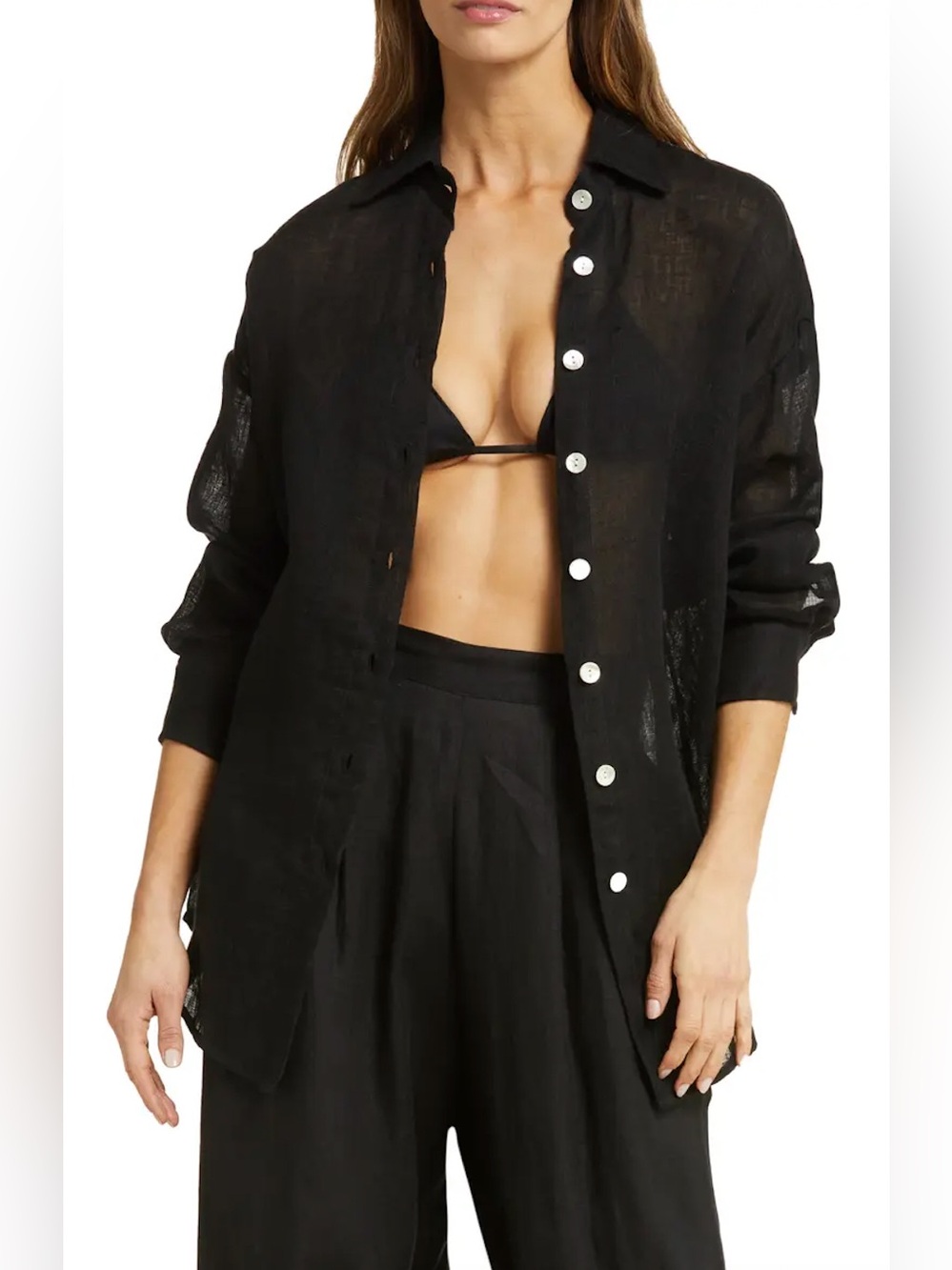 Vitamin A Playa Linen Boyfriend Button Down Cover Up Shirt